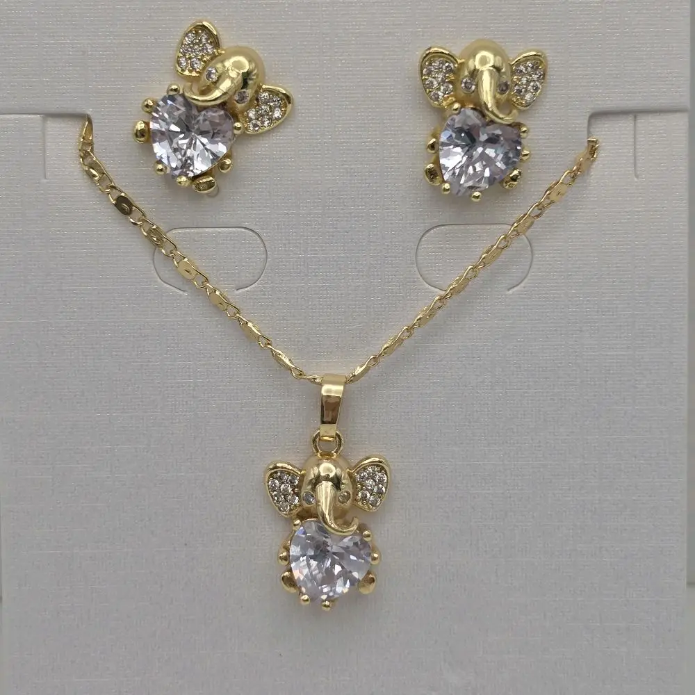 Elephant's fashion set clear stones necklace 18"inches with earrings studs GOLD-PLATED