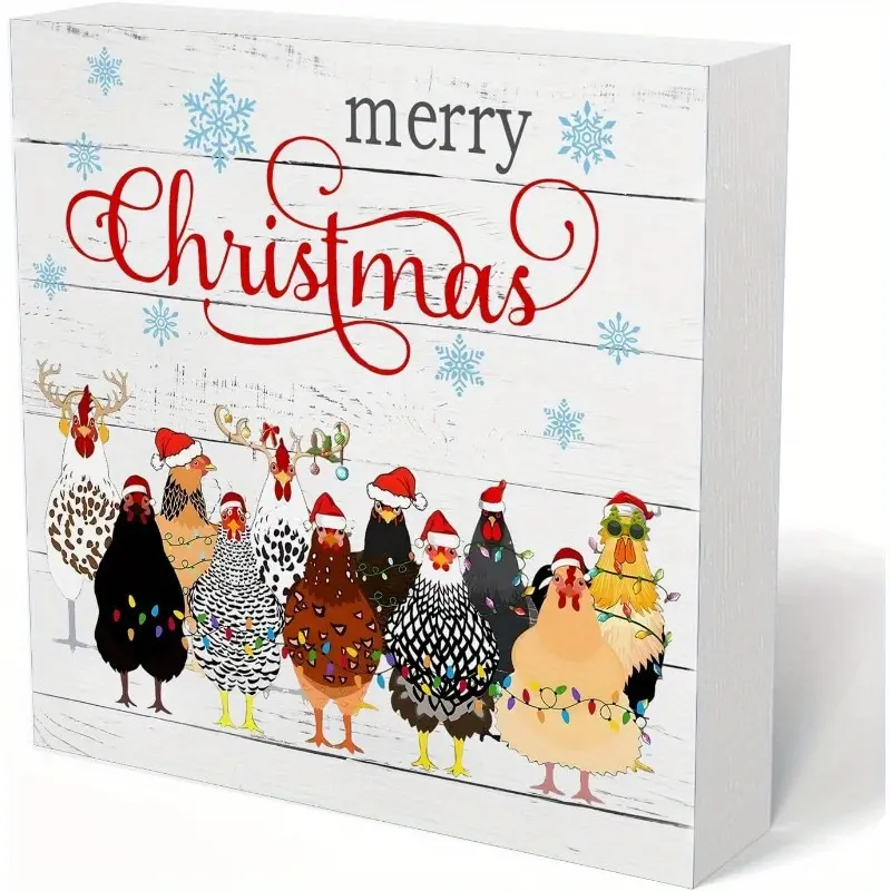 Christmas Chicken Wooden Box Sign, Chicken Christmas Decorations, Chicken Gifts for Chicken Lovers, Merry Christmas Decor, Funny Chicken Wood Signs for Home Office Desk Table Shelf Decor, 5x5 Inch