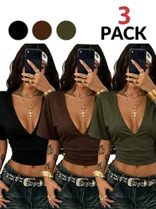 3-Pack Women's Ruched Waist Cropped T-Shirts | Summer Ladies' Tops, Womenswear | Deep V-Neck, Short Sleeve | Casual Summer Wear | Body-Flattering Ruched Design | Perfect for Casual Outings and Everyday Wear
