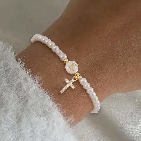 Elegant Zircon Cross Initial Bracelet for Women, Vintage Style Faux Pearl Beaded Jewelry, Perfect Gift for Her, Aesthetic Bracelets
