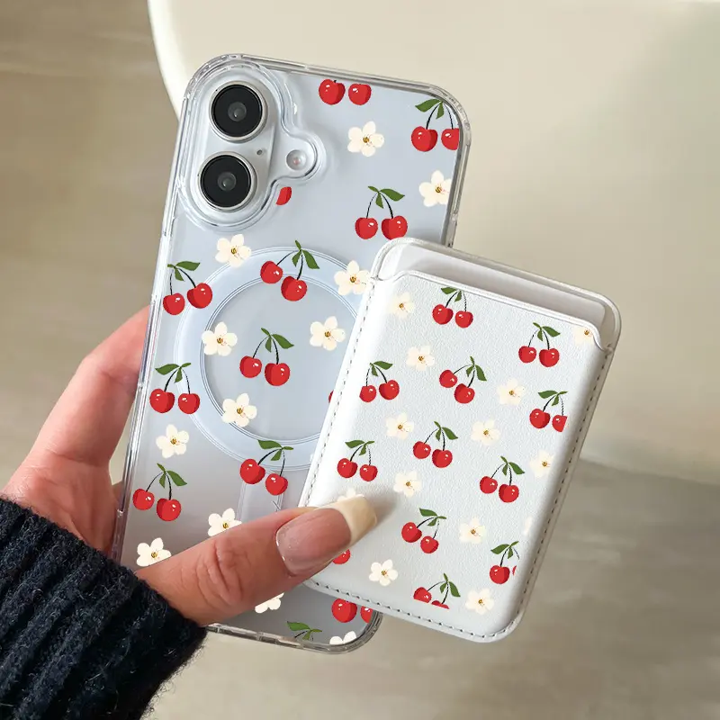 Transparent Magnetic Smartphone Casing with Faux Leather Card Holder, Cherry Blossom Floral Pattern, Wireless Charging Support for iPhone 17 Pro Max, 17E, 16E, 16, 15, 14, 13, 12, 11 Pro Max, X, XS - Handheld Cellphone Devices Accessory