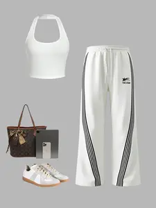 Y2K Style Colorblock Crop Top Set, Sleeveless Backless Design, Loose Fit Drawstring Long Pants, Spring Summer Women's Two-Piece Outfit