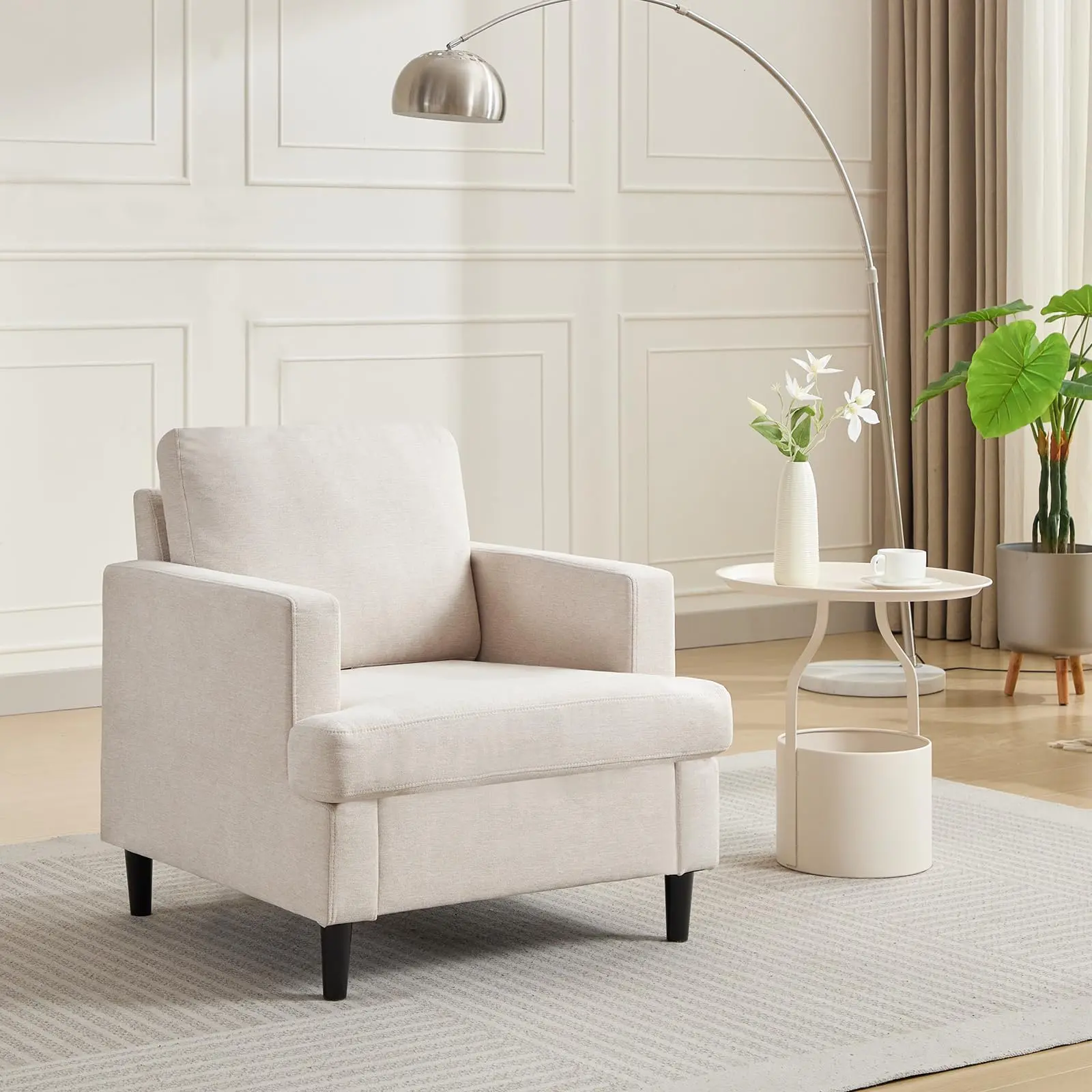 GARVEE Fauteuil de Salon, Modern Relax Chair in Breathable Linen Fabric, Soft Padded Armchair, Mid-Century Sofa Chair for Bedroom, Reading Room, Beige