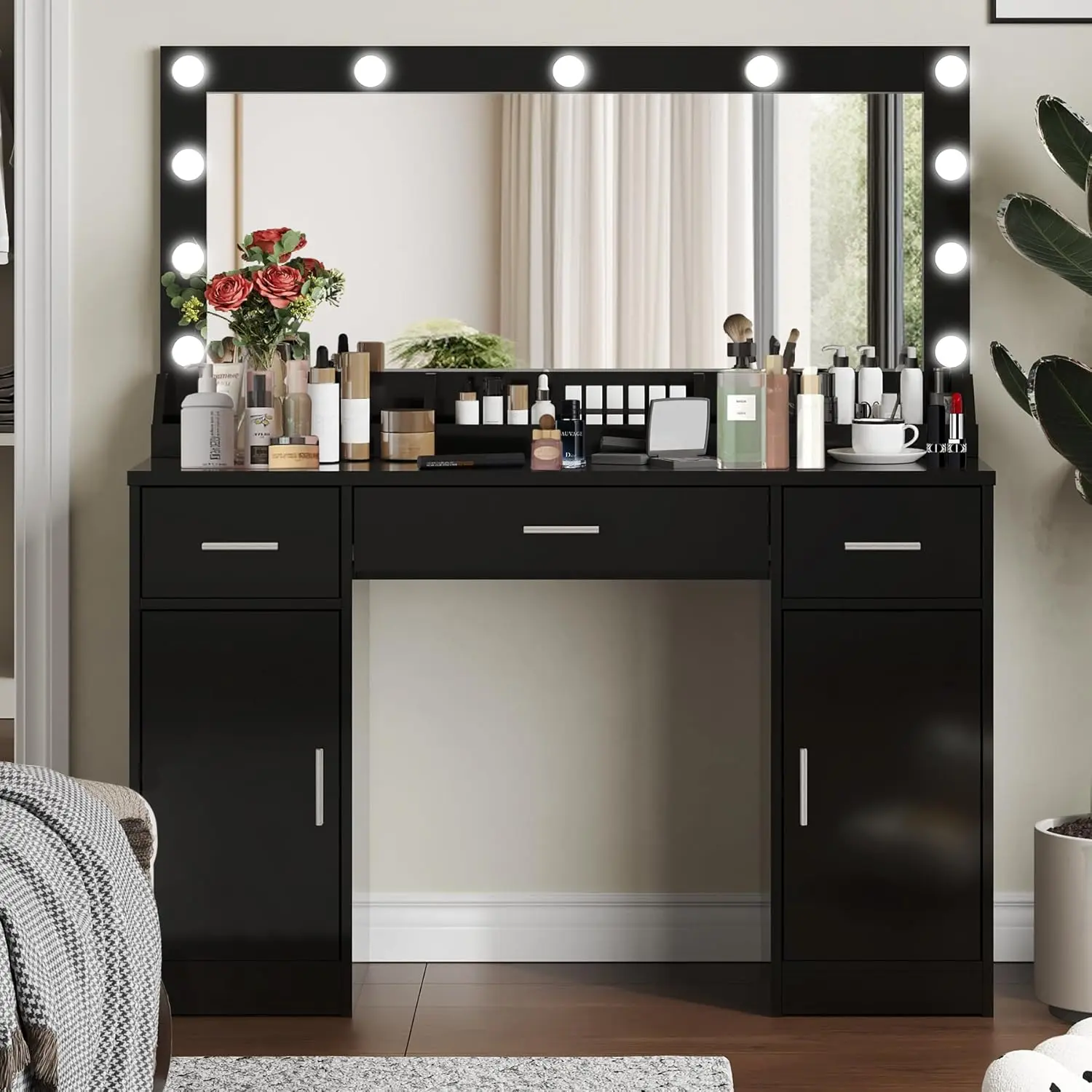 Women's Sturdy Black Large Size Makeup Vanity Desk - 47.24"w x 15.74"d x 53.14"h, 82.67 lbs, 47.2" Mirror, 3 Color Lighting Modes, Adjustable Brightness, 3 Drawers, 2 Vertical Storage Cabinets, Durable Use, Easy-to-Clean Surface, Assembly Required