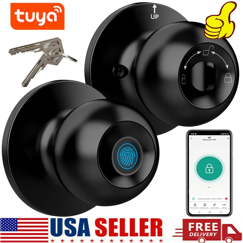 Fingerprint Door Lock Smart Door Knob Biometric Door Lock with Key & App Control Applicable Door Thickness 35-55mm