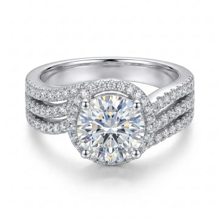 Sparkling Moissanite Halo Engagement Ring, Round Cut Split Shank Bridal Wedding Ring, Statement Jewelry for Women Solitaire Halo Ring