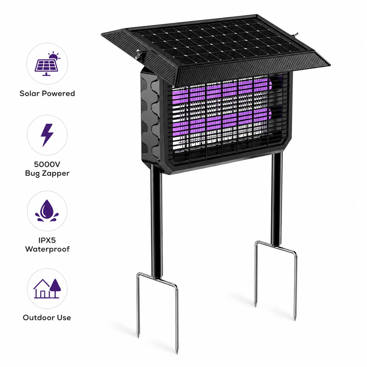 Solar Bug Zapper Outdoor - UV Moth Gnat Fly Killer Lamp with Garden Stake, Smart Light Sensor, IPX5 Waterproof, Versatile Solar-Powered Insect-Control Device for Patio, Camping, Fishing