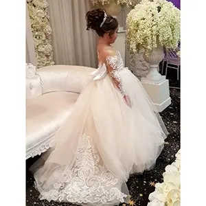 1 Piece Girl 9/16 Sleeve Puff Sleeve Princess Dress with Big Bow Elegant Long Transparent Wedding Dress Jumpsuit Suitable for Teenagers Under 12 A-Line Polyester Fiber Dry Clean