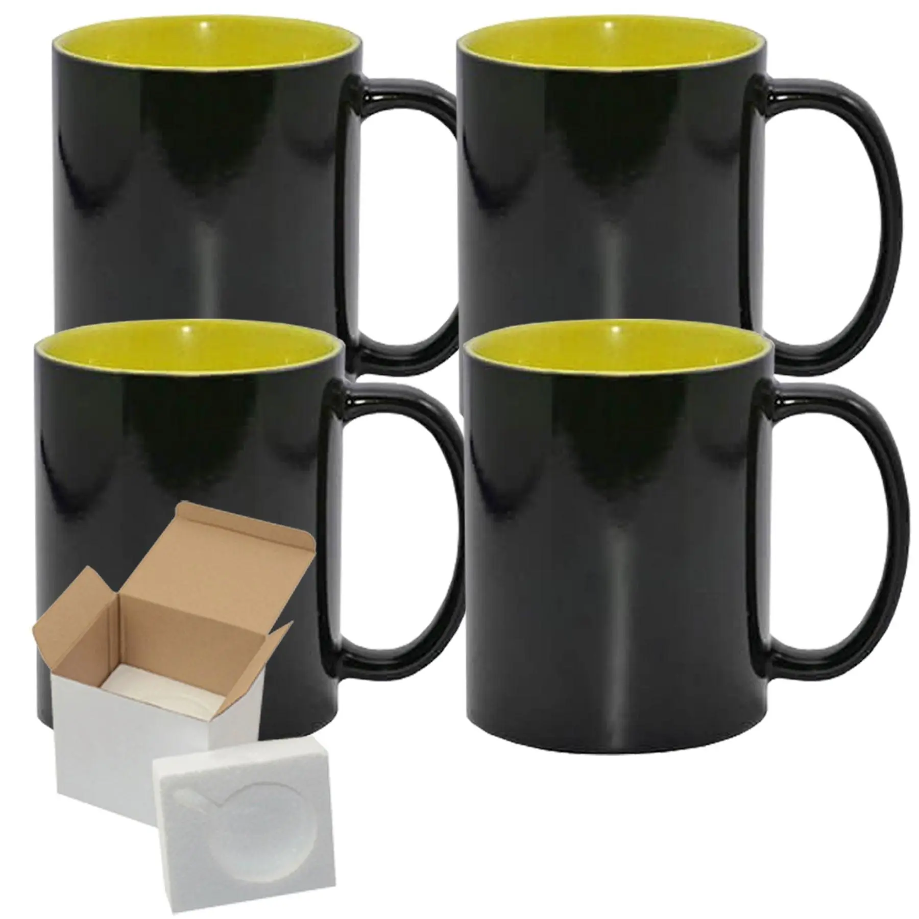 4-Pack Sublimation Color Changing Mug Set - 15oz | Yellow Interior | Includes Foam Support Mug Shipping Boxes