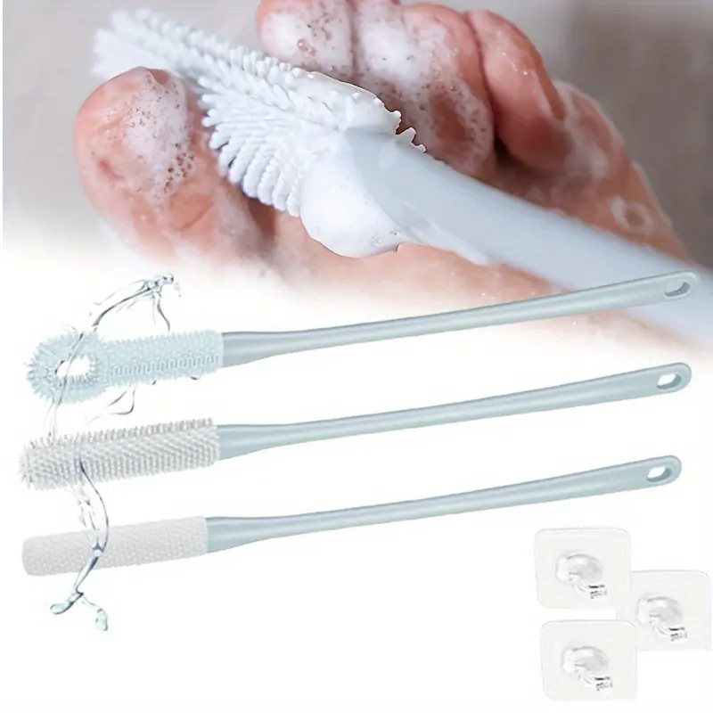 Unisex 3pcs Set Toe Cleaning Brush - 15.7" Long Handle Silicone Gap Scrubber, Shower Foot Cleaner for Soft Care, Suitable for Seniors, Cleansing