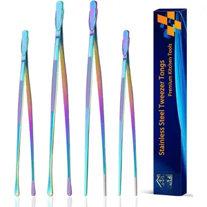 4 count Kitchen Tweezers, 12'' and 10'' Stainless Steel Cooking Tweezers Set, High-Precision Tweezers Tongs for Cooking, Repairing, Seafood and BBQ (Rainbow)