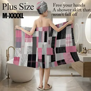 2 Pcs Pink Black Geometric Plaid Bath Wrap Towel Set with Hair Wrap, Plus Size M-XXXXL, Non-Slip Absorbent Shower Skirt, Versatile for Spa, Beach & Daily Use, Perfect for Holiday Gifting