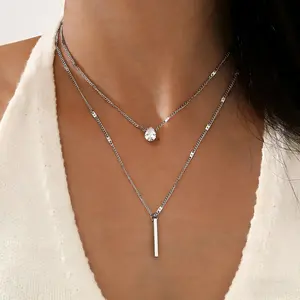 Exquisite Layered Gold Necklace for Women | Pearl Zircon & Vertical Bar Double Chain, Autumn/Winter Light Luxury Double-Layer Stacked Sweater & Clavicle Chain Accessories