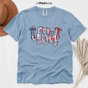 [Saleup to 75%]Comfort Colors Floral Coquette USA Shirt, Retro America T-Shirt, 4th Of July Gift, Patriotic Tee, Coquette Bow Shirt Floral Coquette USA Retro America Png, 4th Of July - Printfamily