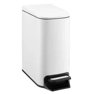 Small Bathroom Trash Can with Lid Soft Close, 6 Liter / 1.6 Gallon Stainless Steel Garbage Can with Removable Inner Bucket, Step Pedal, Slim Trash Bins for Bedroom, Office, Kitchen (White)