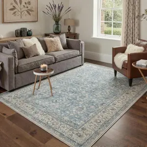 【Deals For You Days】GENIMO Area Rugs for Living Room Machine Washable Non Slip Low Pile Vintage Floral Print Rugs, Lightweight Indoor Floor Rug for Bedroom Dining Room Home Decor, Full Coverage Persian Style Light Blue