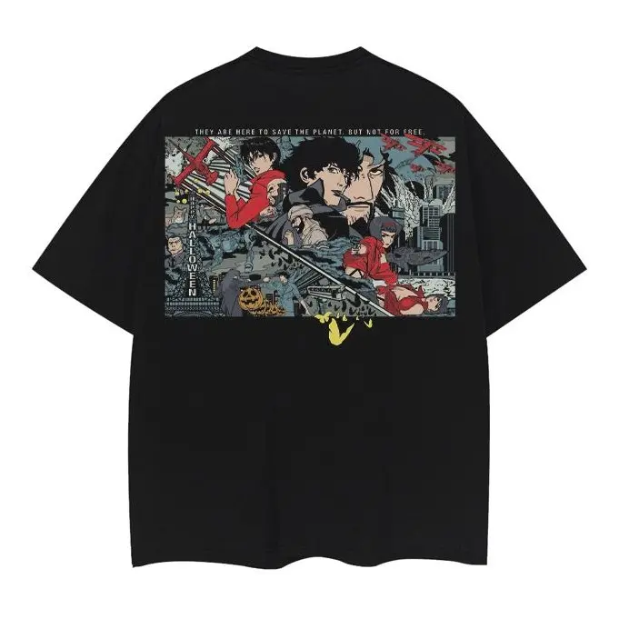 Men's Cowboy Bebop Spike 100% Cotton Heavyweight Vintage Oversized Short-Sleeve Round Neck Casual Streetwear Black T-Shirt, Shortsleeve