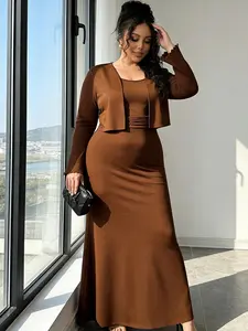 Curvy Women's Chocolate Brown Two Piece Formal Set - Mermaid Maxi Dress with Flare Sleeve Cropped Jacket for Evening Events