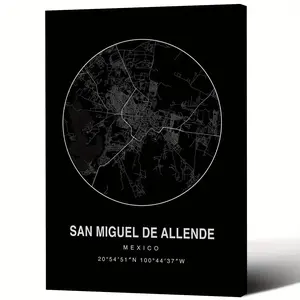San Miguel de Allende Mexico City Map Poster - Black & White Minimalist city layout with Coordinates (20 ° 54'58''/ -103 ° 54'46'') - Framed Canvas Wall Art for Living Room, Home Office, or Mexican Decor - Modern Monochrome Print, Office Decoration, Conte