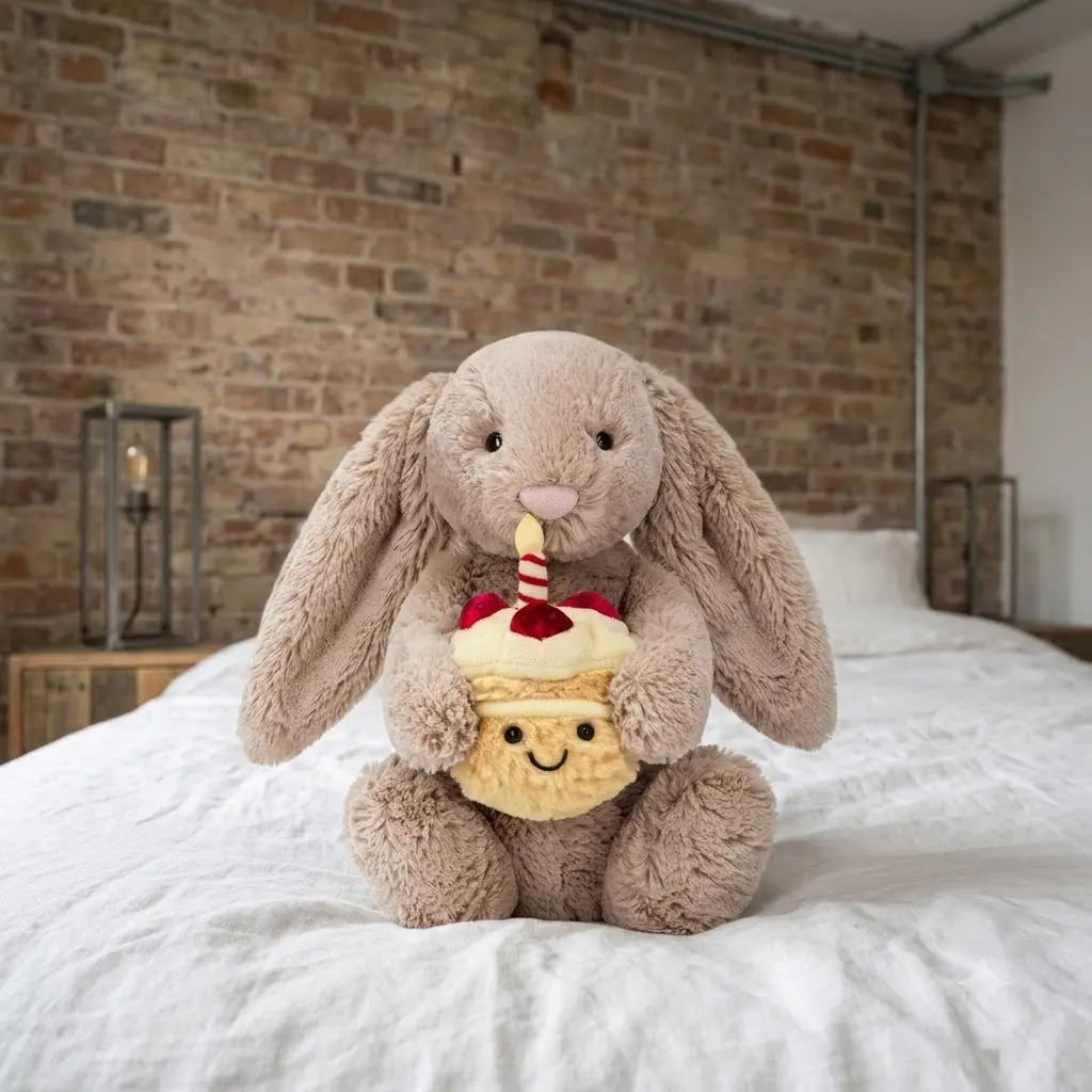 Jellycat Bashful Beige Bunny 'Birthday' by Jellycat – Velvety Cuddle Companion with a Sweet Cake