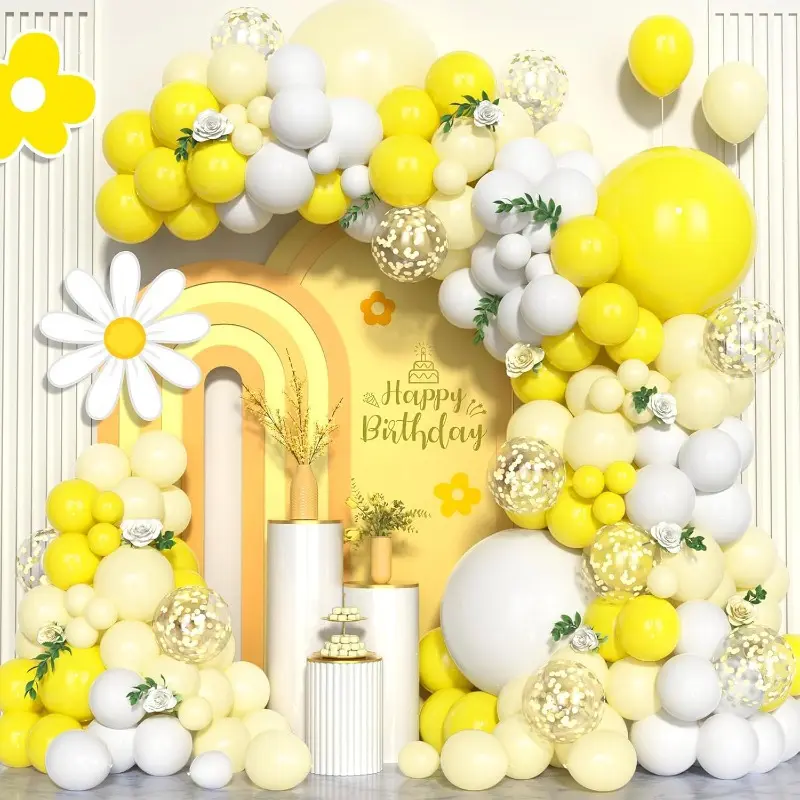 124pcs Round Yellow & White Emulsion Latex Balloon Arch Kit with Banner & Organiser, Peppy Vibrant Patchwork Decor for Happy Birthday, Sunflower Honey Bee Theme Parties, Party Decor