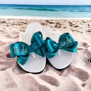 Jade Bridal Bow Flip Flops with Holographic Silver Lettering on White Flat Wedding Sandals Footwear Women