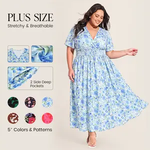 CARCOS Dresses for Women Summer Midi Women Boho Floral Dresses Short Sleeve V  Neck Loose Fit Sun Dresses with Pocket (XL-5XL)
