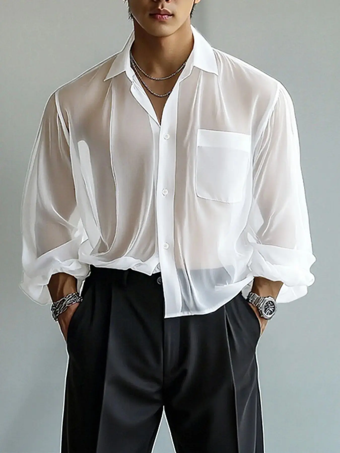 INCERUNSHOP Men's Fashion Sexy Transparent Design Casual Solid Long Sleeve Shirt, Perfect for Daily Wear, Stylish and Comfortable, Ideal for Casual