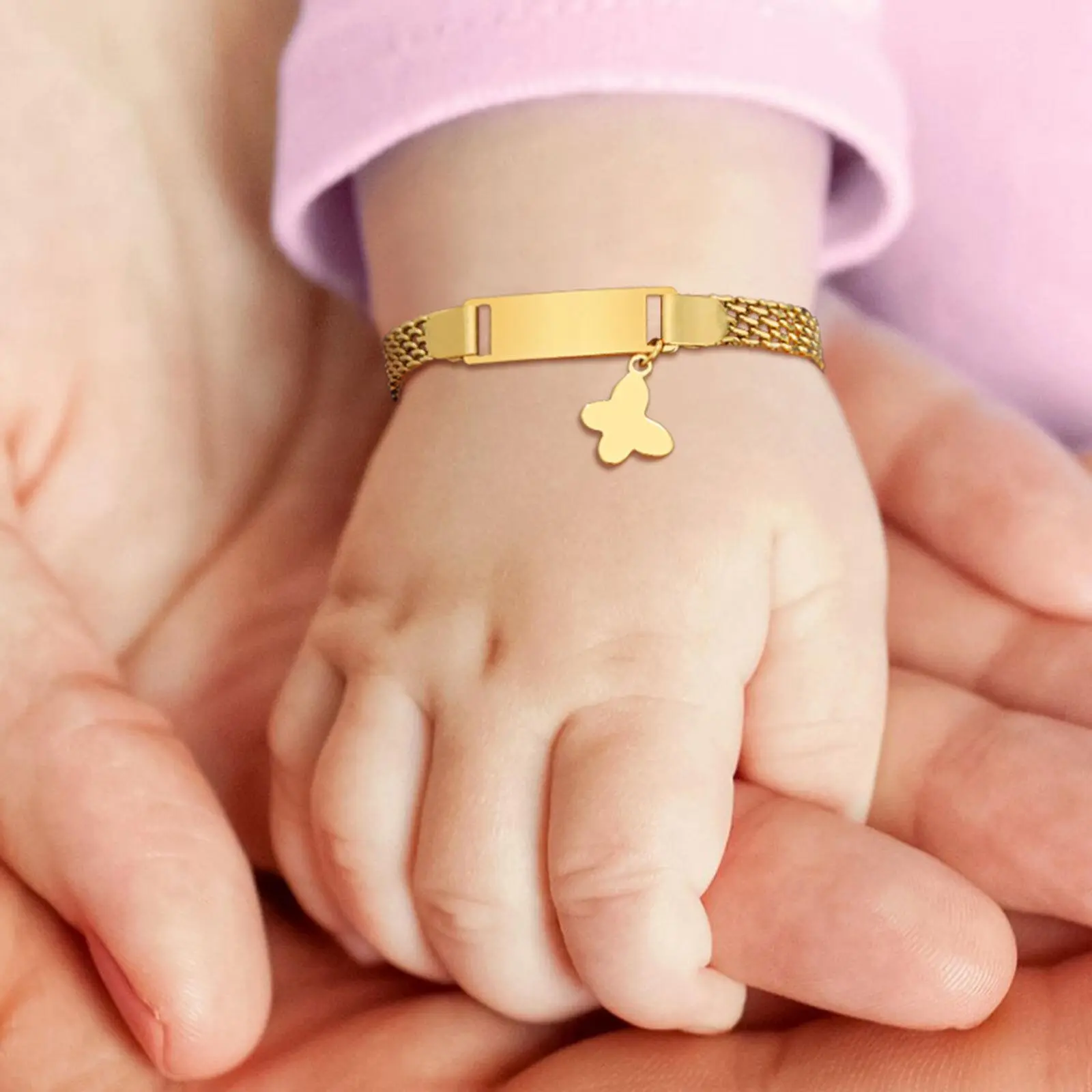 Vnox Engraved Bracelets For Children Baby,Stainless Steel Curved Nameplate Free Customized,Fashion Jewelry Butterfly Accessory