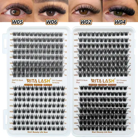 RITALASH Dense Cluster Lashes Kit - 384PC Lash Book, 4-Style Fluffy D Curl 0.07mm Plant Fibers, 10-16mm Natural Reusable DIY at Home Eyelash Extensions for Makeup Looks