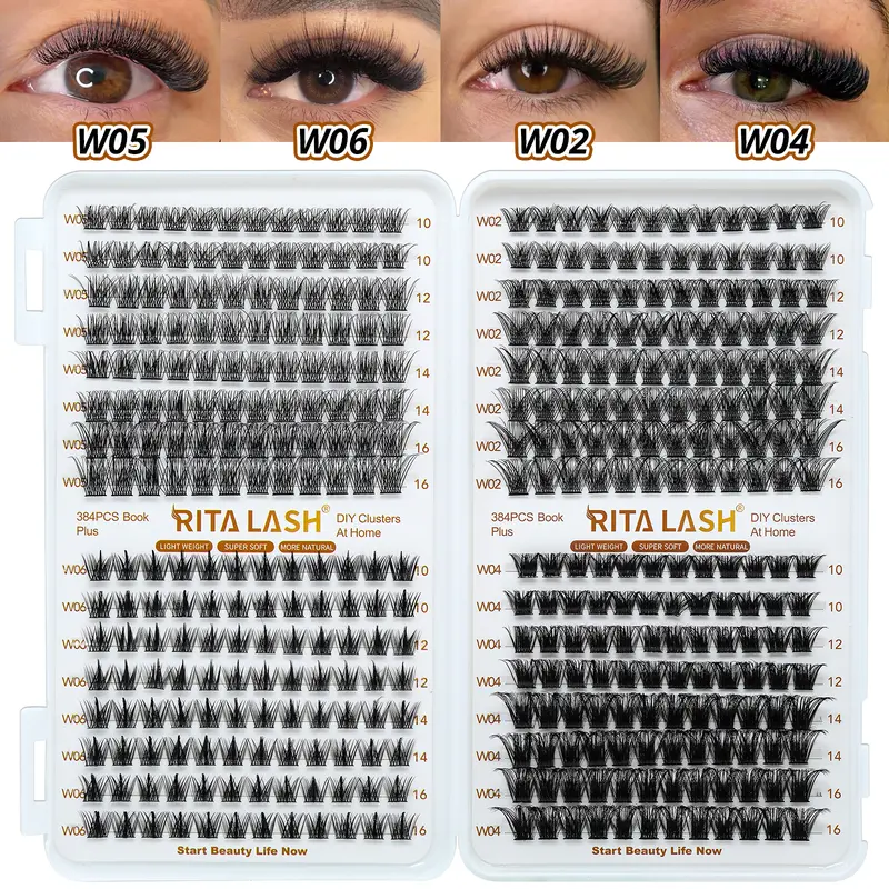 RITALASH Dense Cluster Lashes Kit - 384PC Lash Book, 4-Style Fluffy D Curl 0.07mm Plant Fibers, 10-16mm Natural Reusable DIY at Home Eyelash Extensions for Makeup Looks
