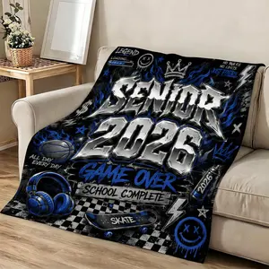 Class of 2026 Senior Graduation Soft Flannel Throw Blanket, Y2K Streetwear Gamer-Skateboard Themed Piece with Graffiti Metal Design, Graduation Gift for Teens outdoorfun