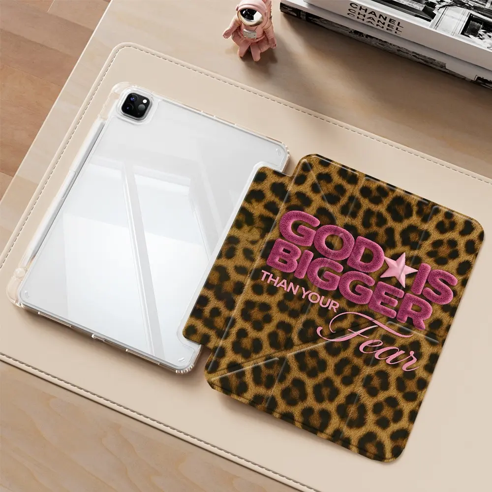 Leopard Print "GOD IS BIGGER Than Your Fear" iPad protective case, iPad Covers, transparent acrylic Y folding stand suitable for all models of iPad including 7.9/8.3/10.2/10.5/10.9/11/12.9 inch, featuring all-round protection against scratches