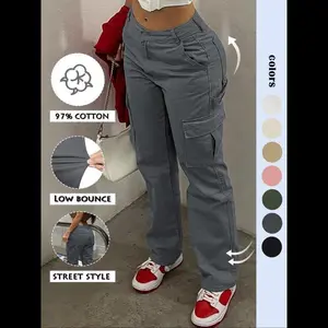 Women’s solid cargo pants—fashionable, casual, plain, comfortable basic streetwear with pocket design for daily wear; autumn and winter women’s clothing/womenswear; can be worn with a raincoat.