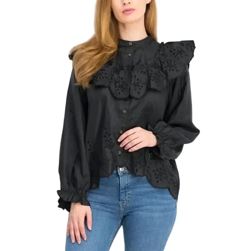 Topshop Eyelet Blouse Womens Size 4 Black Button Front