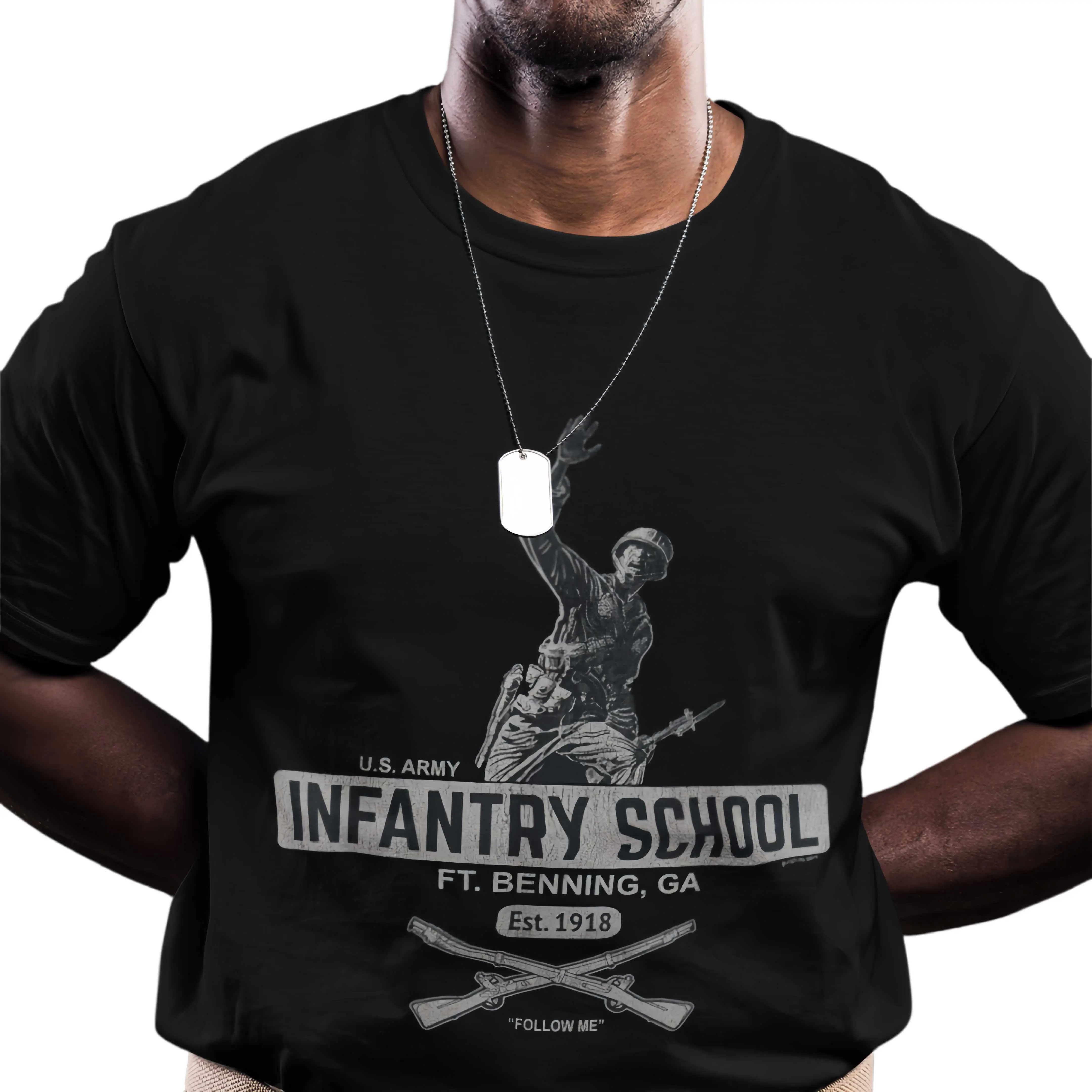 Men's 2025 Black U.S. ARMY INFANTRY SCHOOL:FOLLOW ME Knitting Tshirt - Round Neck, Shortsleeve, 100% Cotton Fabric, Stretch, Soft, Absorbent, Creative Print, Casual Streetwear Menswear Tops, Ideal for Outdoor Activities, S-5XL