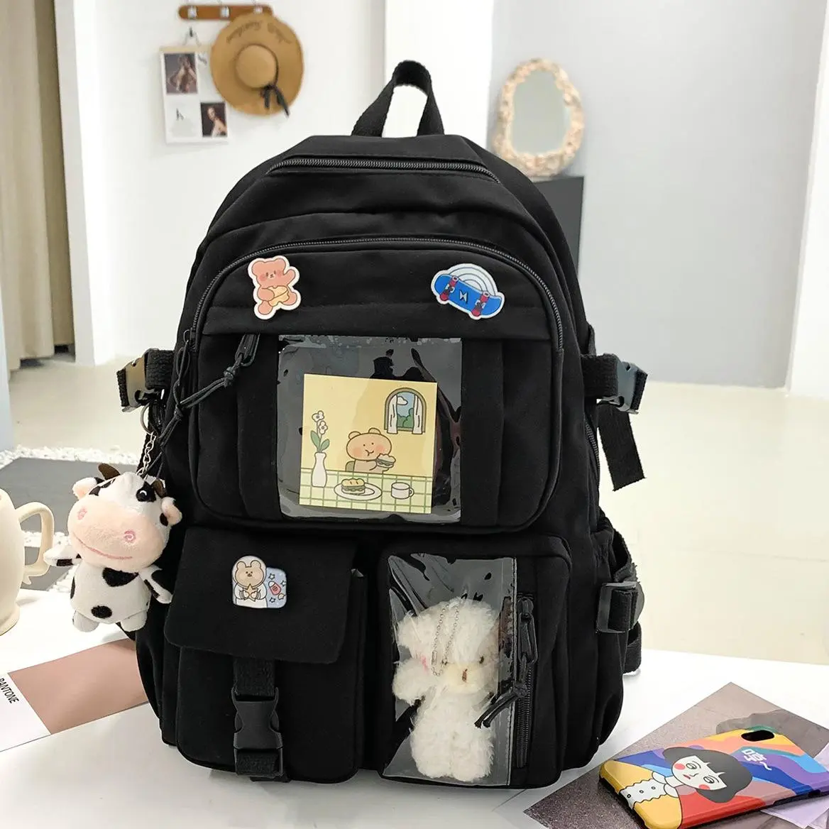 Harajuku Clear Pocket DIY Pin Display Backpack, Cute Multi-Pocket Student School Bag