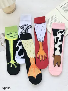 5 pairs of stylish and adorable animal paw mid-calf socks, comfortable, breathable, and slip-resistant casual socks suitable for women's daily leisure and home wear