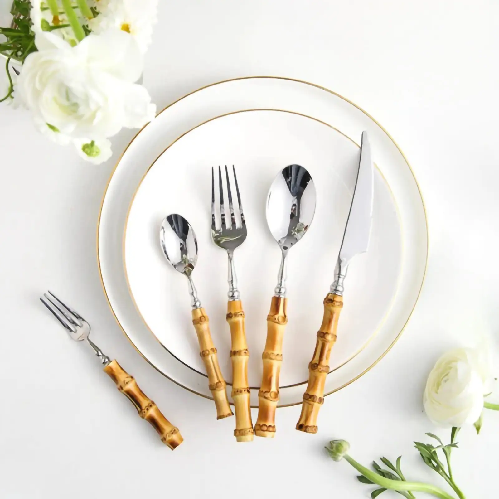 20 Piece Bamboo Silverware Set, Natural Bamboo Flatware Cutlery Set for 4, 304 Stainless Steel Silver Head with Bamboo Handle, Include knife Fork Spoon Utensil for Daily Use/Camping/Party