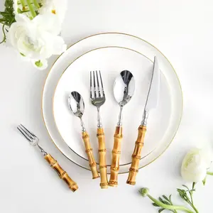 20 Piece Bamboo Silverware Set, Natural Bamboo Flatware Cutlery Set for 4, 304 Stainless Steel Silver Head with Bamboo Handle, Include knife Fork Spoon Utensil for Daily Use/Camping/Party