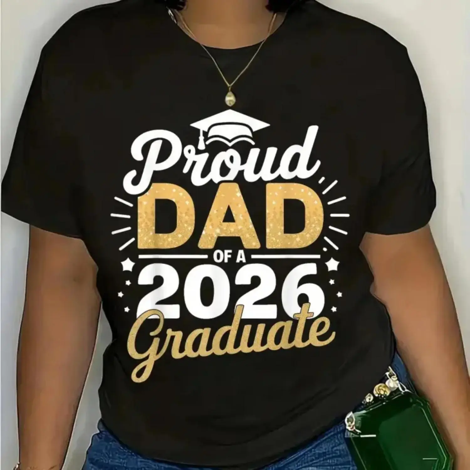 Women's Short-Sleeve Cotton Crew Neck T-Shirt, Proud Dad of 2026 Graduate Graphic Top, Unisex Streetwear for Graduation Ceremony Gift, Shortsleeve, Tshirt, Breathable Cotton, Slim-Fitting, All Seasons, Casual