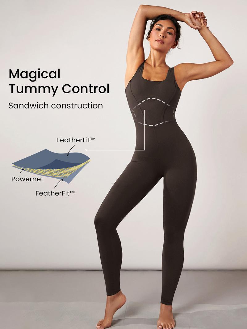 GLOWMODE 24" FeatherFit Tummy Control Open Back Gym Yoga Sports Jumpsuit Bodysuit  Elegant For Woman