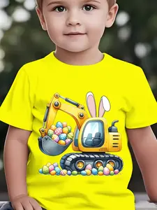 Easter Summer Boys Fashion Short Sleeve T-Shirt, Cute Graphic Tee, Rabbit Ears Digger Print, Geometric Pattern, Casual Outdoor Leisure Top, Funny Graphic Shirt