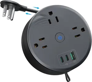 20W USB C Travel Power Strip - Retractable Extension Cord 5ft Ultra Thin Flat Plug, Power Strip with 3 AC Outlets and USB C Fast , Cruise Ship Essentials, for  Hotel Dorm Room, Black