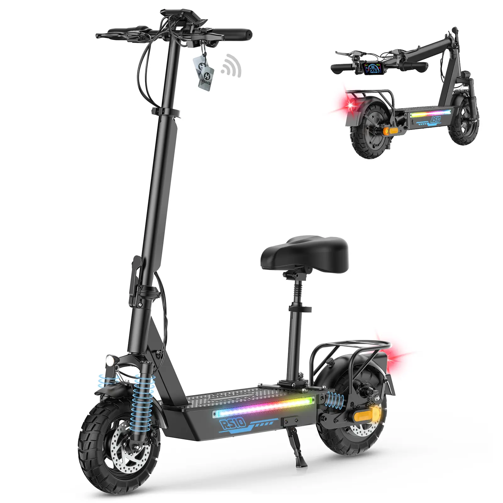 RS10 city electric scooter, 1200 watt electric motor, top speed of 31 miles per hour, range of 45 kilometers, comfortable scooter with seat, dual shock absorption system, APP control&NFC