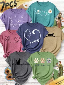 7-Pack Women's Crew Neck T-Shirts, Smiling Daisy & Cat Paw Print Set, Multiple Colors Available, Machine Washable, Spring & Summer Top, Soft Skin-Friendly Fabric, Daily Versatile, Fashion Design