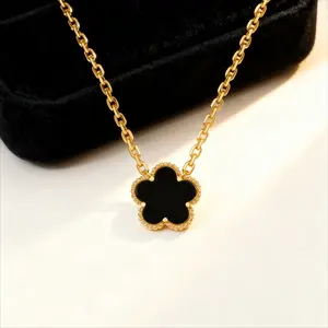 Gold Plated 4-Leaf Clover Necklace for Women - Adjustable Chain & Black Onyx Gemstone Pendant - Hypoallergenic & Nickel-Free Jewelry Gift