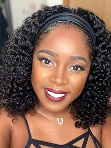 Kinky Curly Headband Wig Human Hair  Headband Wigs for Women Human Hair Glueless None Lace Front Curly Wave Wigs Brazilian Virgin Hair Wear and Go Glueless Wig 180% Density Natural Black Color