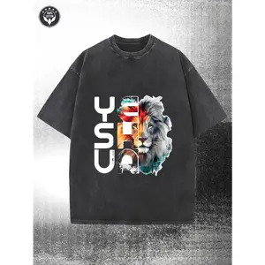 Men'S Vintage Dark Gray Washed Heavyweight T-Shirt Lion Graphic Print Short Sleeve Crew Neck Casual Streetwear Top for Summer Outdoor Daily Outfits