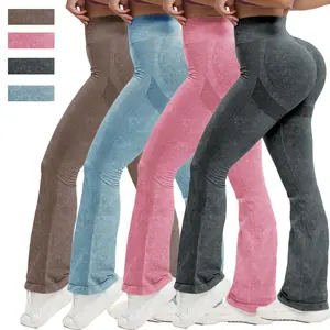 Flare Leggings for Women Hidden Scrunch Seamless Yoga Pants Athletic Outfit Gymwear Long Length 75% Nylon 25% Elastane Medium Stretch Knit Fabric Elastic Waist Closure